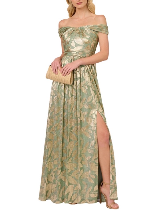 Adrianna Papell Dresses & Skirts - Adrianna Papell Leaf Print Off-The-Shoulder Foiled Knit A-Line Gown Dress